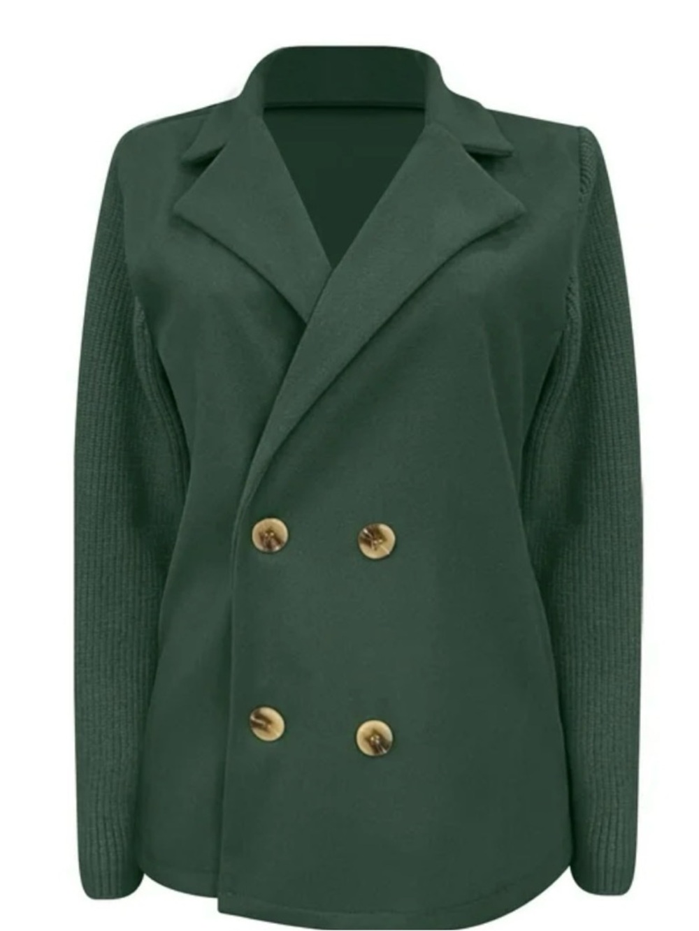 Double-Breasted Forest Green Knit-Sleeve Blazer